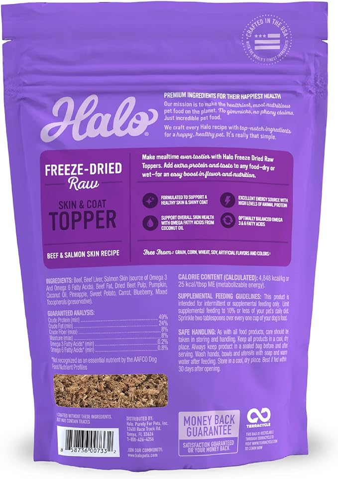 Halo Freeze Dried Raw Skin & Coat Topper, Beef and Salmon Skin Recipe, Raw, Real Meat Topper, All Life Stages, 3.5-OZ Bag