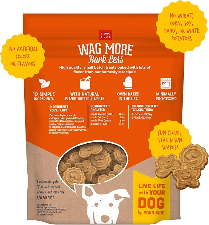 Cloud Star Wag More Bark Less - Dog Treats - Crunchy Biscuits - Grain Free Peanut Butter & Apples - 2.5 lb Pouch
