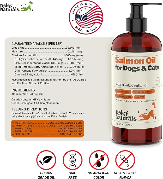 Deley Naturals Premium Alaskan Wild Caught Salmon Oil for Dogs and Cats - Omega-3 Rich Fish Oil Supplement for Healthy Skin, Coat, and Joints - All-Natural, Sustainably Sourced - 16 Oz