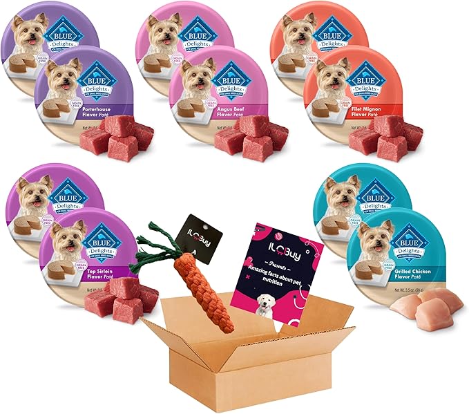 blue delights wet dog food small breed bundle, (Pack of 10) , 05 Flavors( 02 cans each),Porterhouse, Angus, Filet Mignon, Top Sirloin and Grilled Chicken.Plus a roll dog Bag and Pet Nutrition Booklet.
