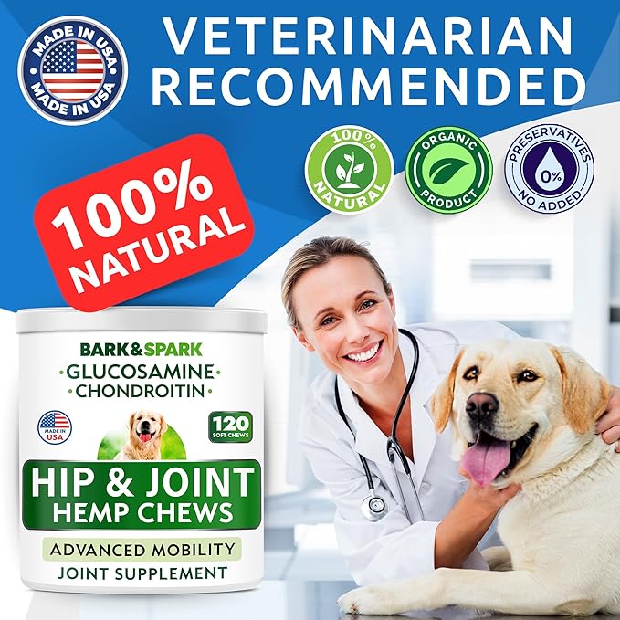Bark&Spark Advanced Hemp Chews for Dog Joint Pain Relief - Glucosamine Chondroitin Hemp Treats Hip Joint Health - Joint Supplement Large Breed & Small - Hemp Treats Joints Old Senior Dog (120Ct/Lamb)