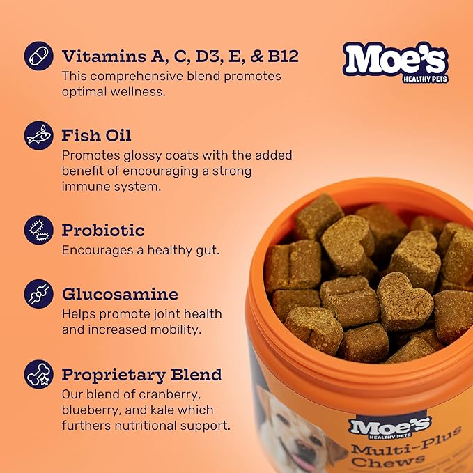 Moe’s 5-in-1 Essential Dog Multivitamin -Supports Dog's Heart, Immunity, Skin, Coat, & Overall Health- Vitamins A, B12, C, D, E, Antioxidants, Omega 3- for All Ages & Breeds- 90 Chicken Flavored Chews