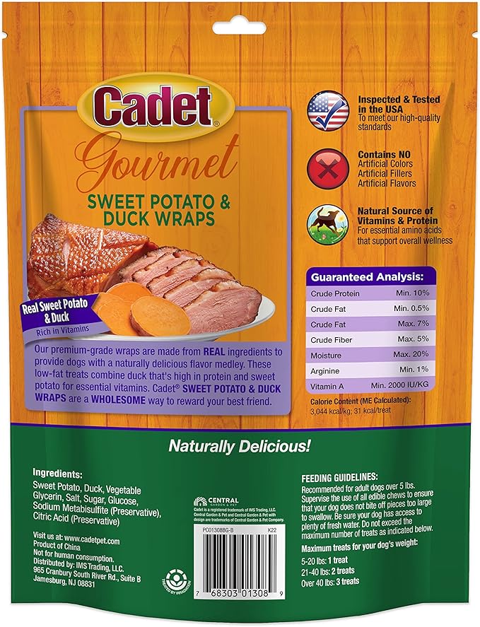 Cadet Gourmet Sweet Potato & Duck Wraps Dog Treats - Healthy & Natural Duck & Sweet Potato Dog Training Treats for Small & Large Dogs - Inspected & Tested in USA (14 oz).