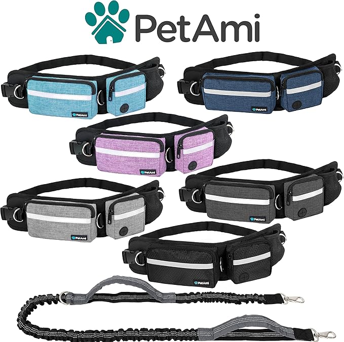 PetAmi Hands Free Dog Leash, Dog Running Leash Belt Bag for Walking, Jogging, Dog Waist Double Zipper Pouch with Poop Bag Dispenser, Dual Padded Handles Reflective Bungee Leash, Single