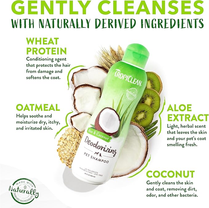 TropiClean Aloe & Coconut Deodorizing Dog Shampoo for Smelly Dogs | Odor Control Shampoo for Stinky Dogs | Natural Pet Shampoo Derived from Natural Ingredients | Cat Friendly | Made in USA | 2.5 gal.