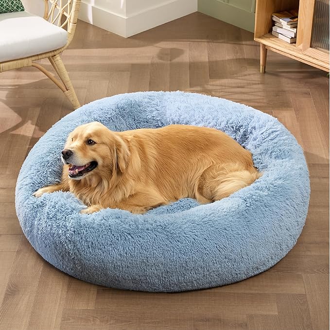 Bedsure Calming Dog Bed for Extra Large Dogs - Donut Washable Large Pet Bed, Anti-Slip Round Fluffy Plush Faux Fur Dog Bed, Fits up to 125 lbs Pets, Blue, 45 inches