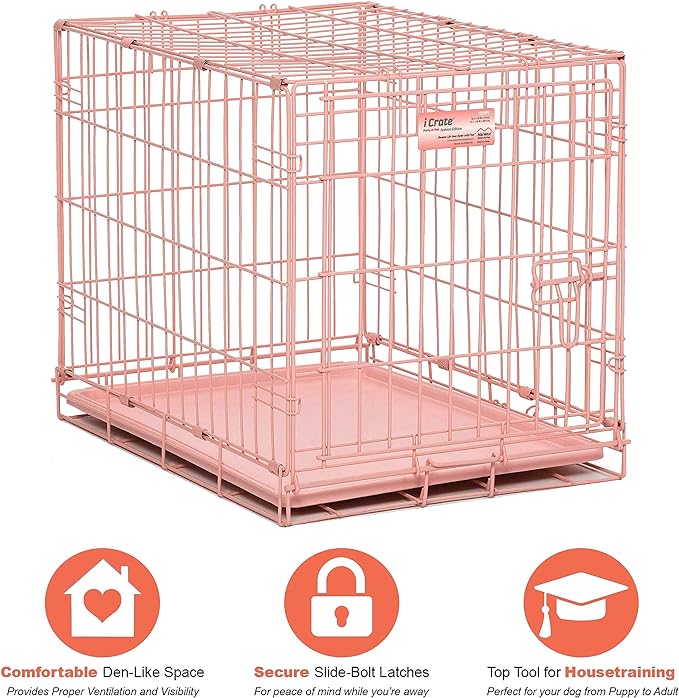 MidWest Homes for Pets Single Door iCrate 24" Pink Folding Metal Dog Crate w/ Divider Panel, Floor Protecting "Roller" Feet & Leak Proof Plastic Tray; 24L x 18W x 19H Inches, Small Dog Breed