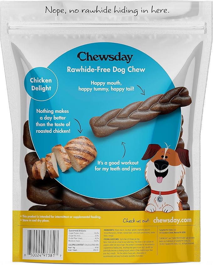 6-Inch Dog Chew Braids, Made in The USA, All Natural Rawhide-Free Highly-Digestible Treats, Chicken Delight - 14 Count
