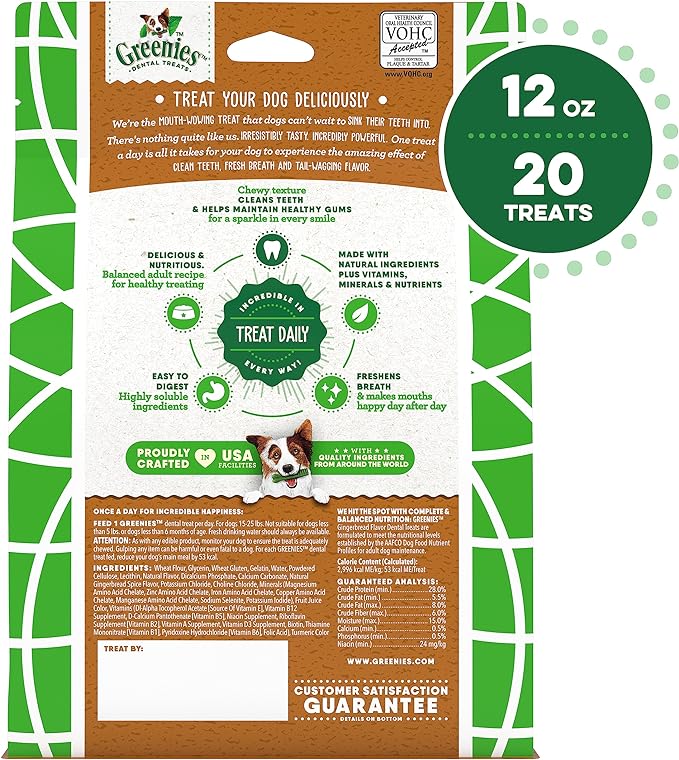 Greenies Gingerbread Flavor Regular Size Veterinarian-Recommended for Dental Care, Dog Treat Chews, Great Holiday Dog Stocking Stuffers, Limited Edition, 12 oz. Pack of 12