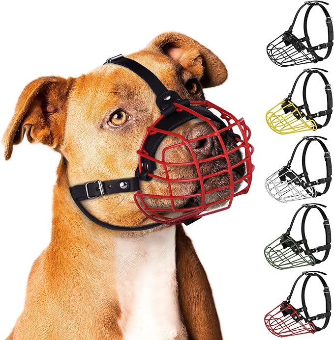 Pitbull Dog Muzzle Metal Mask Amstaff Secure Wire Basket Adjustable Durable Leather Straps for Large Dogs (Red)