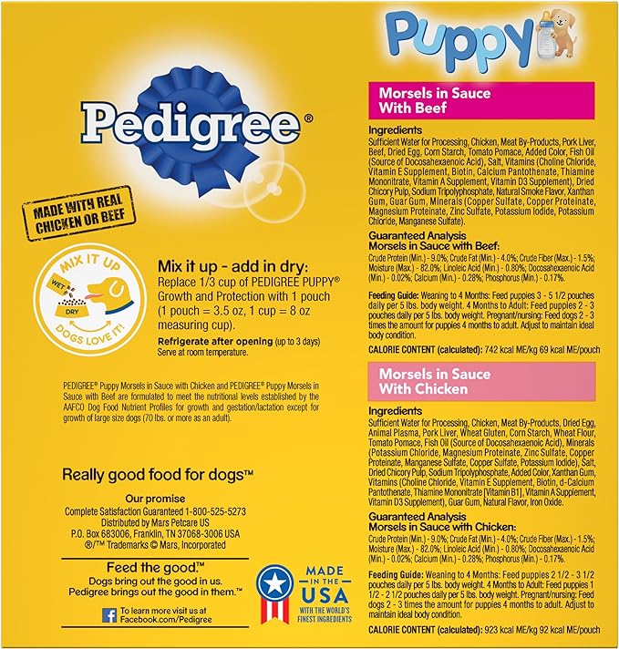 PEDIGREE PUPPY Soft Wet Dog Food 8-Count Variety Pack, 3.5 Oz - 8 Count (Pack of 2), Total 16 pouches.