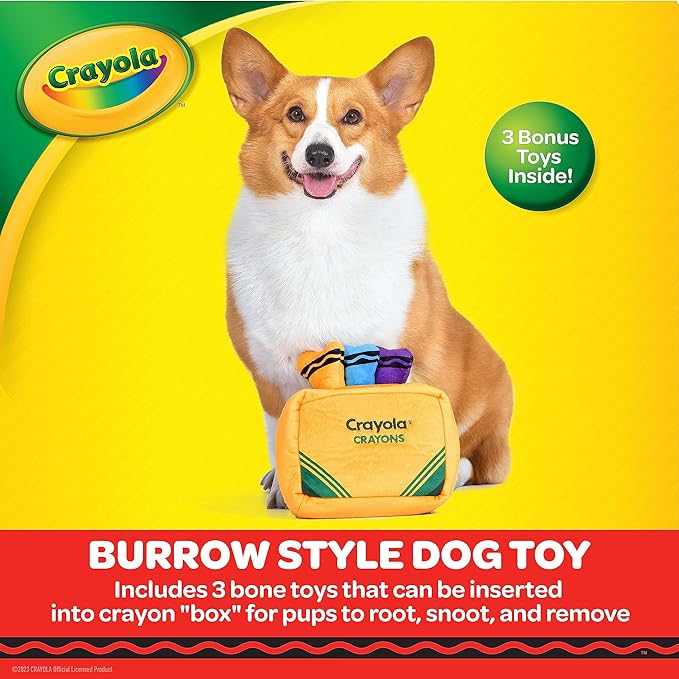 Crayola for Pets Crayon Burrow Toy Plush Squeaker Dog Toy, 8”, Pup-Visible Color Toys Dogs See Best, Burrow Style Dog Toy with 3 Removeable Plush Toys, Enrichment Dog Toys