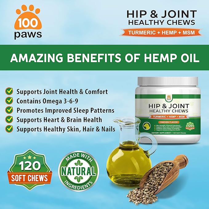 Hip & Joint Supplement for Dogs - Hemp Oil Infused Soft Chews Dog Treats w/Glucosamine, Turmeric, Chondroitin, MSM & Omega 3 6 9 -Supports Pet Mobility & Pain Relief-120 Treat Bites
