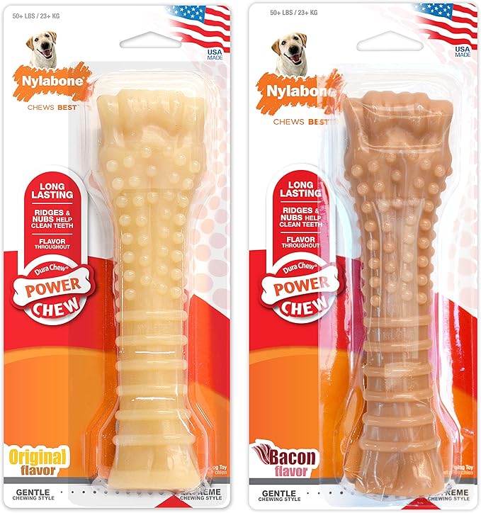 Nylabone Power Chew Textured Femur Bone Chew Toy for Dog, Indestructible Dog Toys for Aggressive Chewers Large Breed, Bacon Flavor, X-Large/Souper (2 Count)