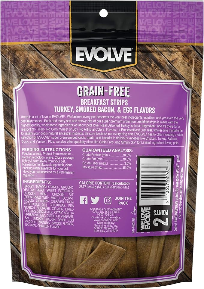 Evolve Grain Free Turkey, Bacon and Egg Flavored Breakfast Strips Dog Treats, 6oz