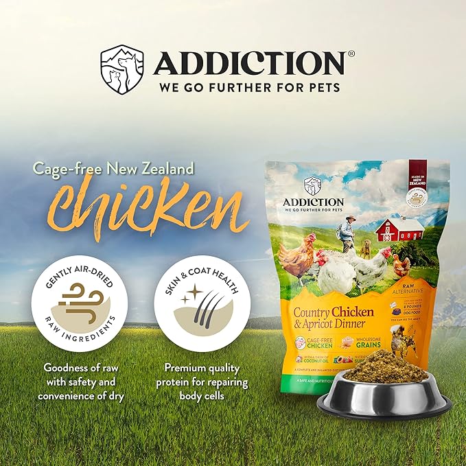 Addiction Country Chicken & Apricot Raw Alternative Dog Food - Gently Air-Dried Complete Meal or Dog Food Topper for Digestive and Skin and Coat Health, 2 lb