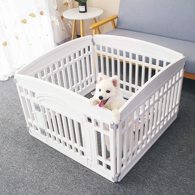 Pet Playpen with Mesh Fabric Top Cover Foldable Gate for Dogs Heavy Plastic Puppy Exercise Pen Small Pets Fence Puppies Folding Cage 4 Panels for Puppies and Small Dogs House White (33.5x33.5 Inches)