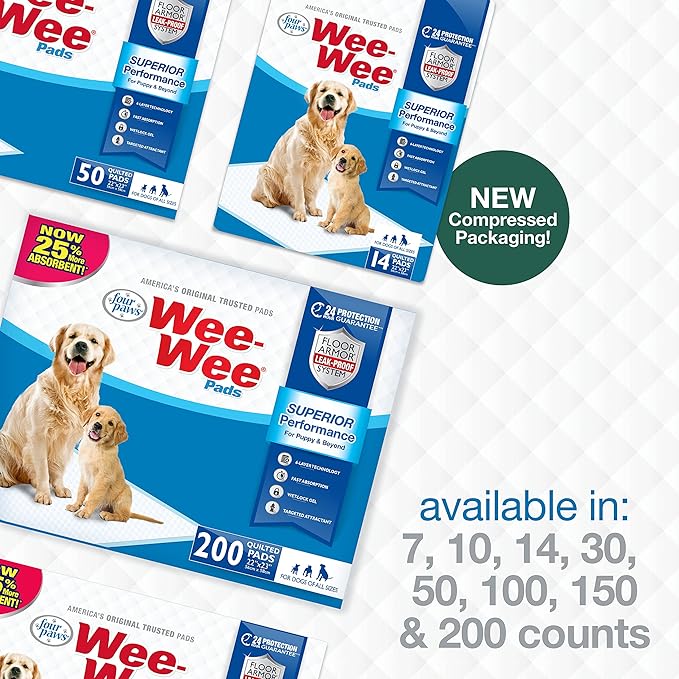 Four Paws Wee-Wee Superior Performance Pee Pads for Dogs of All Sizes, Leak-Proof Floor Protection Dog & Puppy Quilted Potty Training Pads, Unscented, 22" x 23" (7 Count)