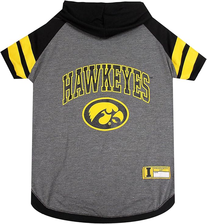 NCAA IOWA HAWKEYES HOODIE for DOGS & CATS, LARGE COLLEGIATE Licensed DOG HOODY Tee Shirt. Sports HOODY T-Shirt for Pets. COLLEGE Sporty Dog Hoodie Shirt.