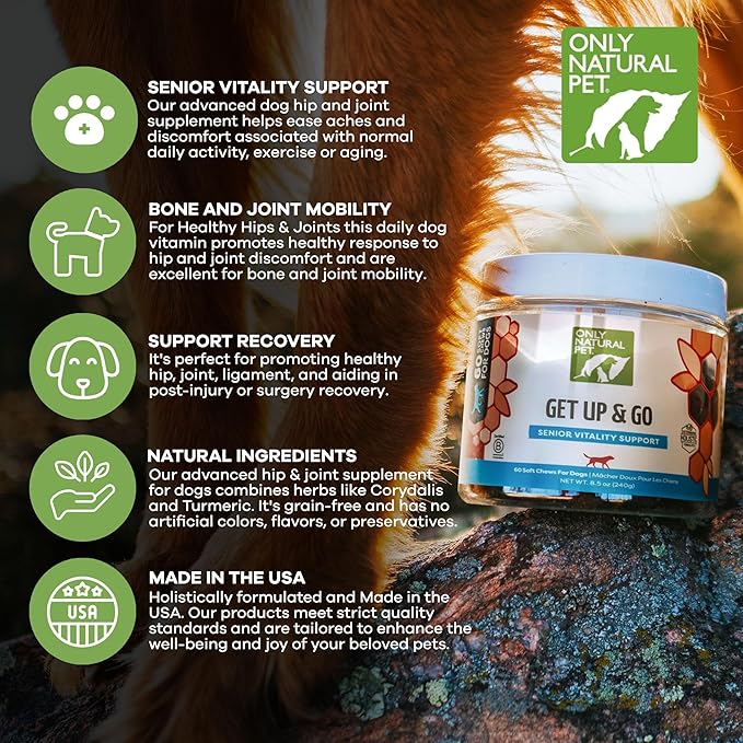 Only Natural Pet Get Up & Go Herbal Joint Support Supplement for Dogs - Holistically Formulated with Corydalis & Turmeric Hip & Joint Daily Vitamin for Senior Dog - Bacon Flavor - 60 Soft Chews