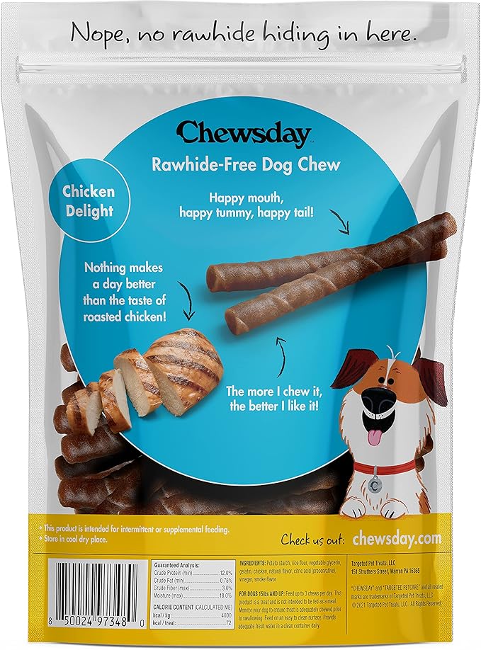 6-Inch Chewy Dog Chew Twists, Made in The USA, All Natural Rawhide-Free Highly-Digestible Treats, Chicken Delight - 28 Count