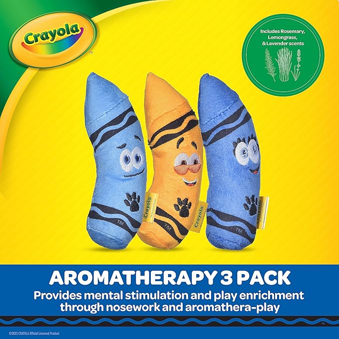 Crayola for Pets 3pk Small Aromathera-play Plush Squeaker Crayons Dog Toys in Pup-Visible Colors Dogs See Best, Blue, Yellow + Purple Plush Crayon Scented Dog Toys with Soothing Scents