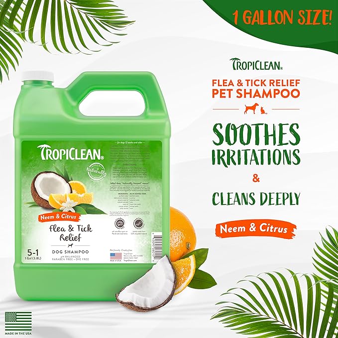 TropiClean Citrus & Neem Oil Flea Shampoo for Dogs | Tick and Flea Bite Relief for Dogs | Natural Dog Shampoo Derived from Natural Ingredients | Made in the USA | 1 gallon