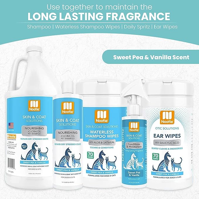Nootie Waterless Shampoo Wipes for Dogs & Cats - Long Lasting Sweet Pea Vanilla Fragrance - Sold in Over 10,000 Vet Clinics and Pet Stores Worldwide, Made in USA - 70 Count