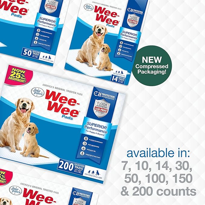 Four Paws Wee-Wee Superior Performance Pee Pads for Dogs of All Sizes, Leak-Proof Floor Protection Dog & Puppy Quilted Potty Training Pads, Unscented, 22" x 23" (10 Count)