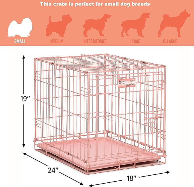 MidWest Homes for Pets Single Door iCrate 24" Pink Folding Metal Dog Crate w/ Divider Panel, Floor Protecting "Roller" Feet & Leak Proof Plastic Tray; 24L x 18W x 19H Inches, Small Dog Breed