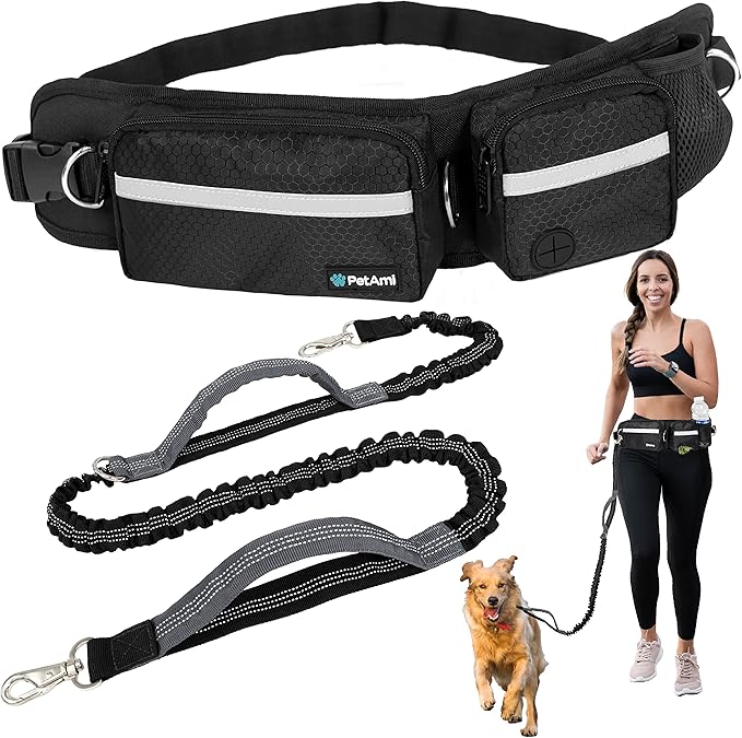 PetAmi Hands Free Dog Leash, Dog Running Leash Belt Bag for Walking, Jogging, Dog Waist Double Zipper Pouch with Poop Bag Dispenser, Dual Padded Handles Reflective Bungee Leash, Single