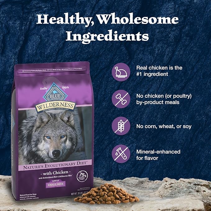 Blue Buffalo Wilderness High Protein Natural Adult Small Bite Dry Dog Food plus Wholesome Grains, Chicken 28 lb bag