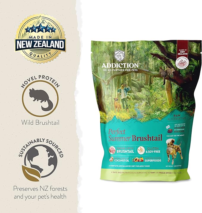 Addiction Perfect Summer Brushtail Raw Alternative Dog Food - Gently Air-Dried Complete Meal or Dog Food Topper for Digestive and Skin and Coat Health, 2 lb