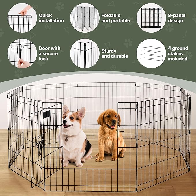 Premium Dog playpen - Foldable Metal Pet Playpen with 8 24x24In Panels, Dog Exercise Pen with Door, Dog Play Pen Indoor/Outdoor, Puppy Playpen 61x24 Inches, X pens for Dogs, Black