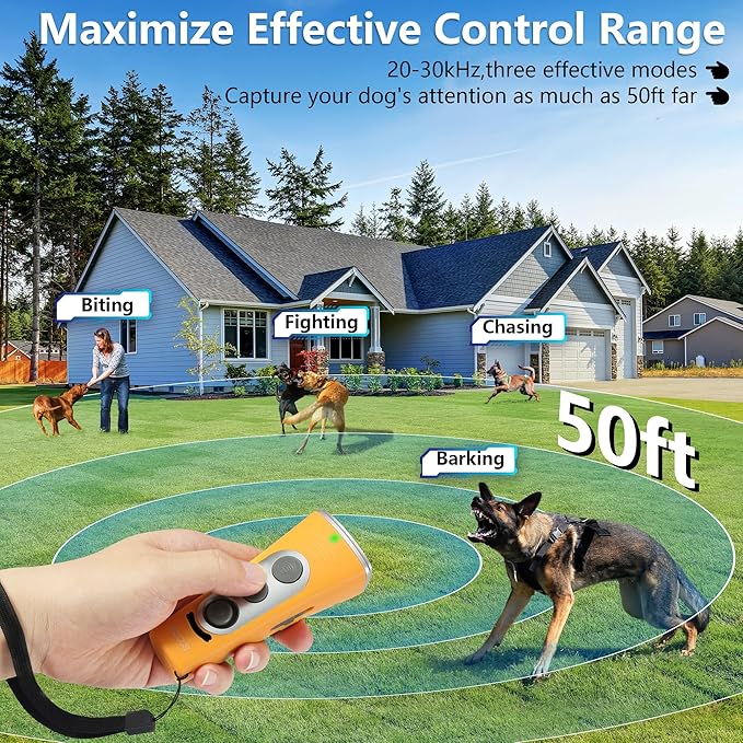 2024New Dog Bark Deterrent Device, 4X Ultrasonic Emitters Anti-Barking Device, Rechargeable Dog Barking Control Device with 50ft Range Dog Training Tool,Barking Silencer Indoor&Outdoor(Orange)