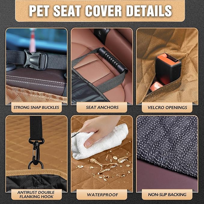 K KNODEL Dog Seat Cover, Waterproof Car Seat Cover for Pets, Pet Seat Cover Dog Hammock, Heavy Duty Scratch Proof Pet Back Seat Covers, Zippered Side Flaps for Cars, Trucks and SUVs (Brown)