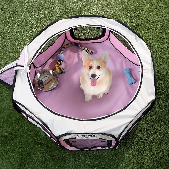 Portable Puppy Playpen - Small Pop-Up Play Yard for Pets Up to 25lbs with Mesh Windows, 2 Pockets, Zippered Roof, and Carry Bag by PETMAKER (Pink)