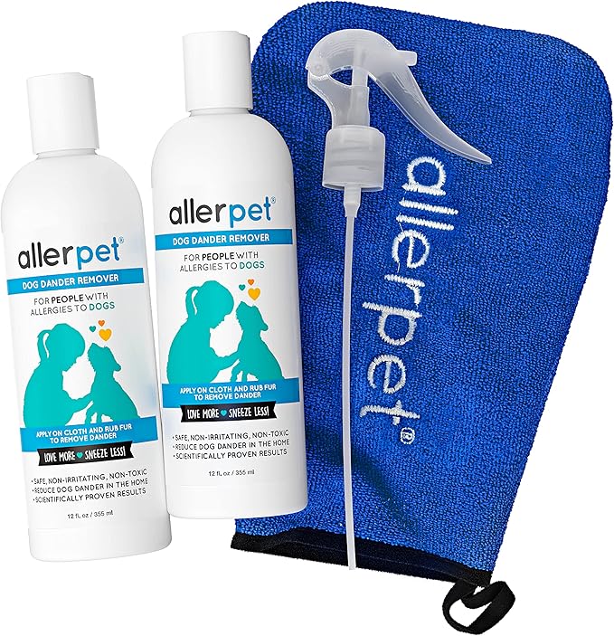 Allerpet Dog Dander Remover w/Free Applicator Mitt & Sprayer - Best Pet Dander Remover for Allergens - for Canine Dry Skin Treatment - Good for Fur & Skin - 2 Pack (12oz)