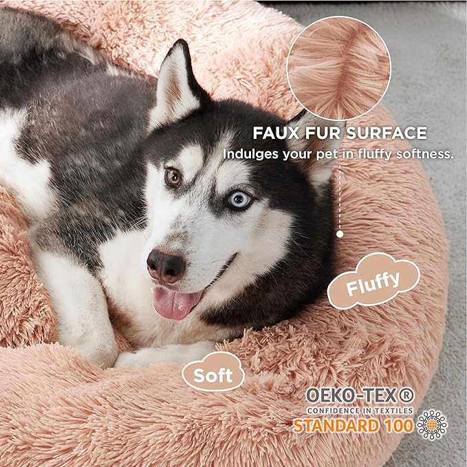 Bedsure Calming Dog Bed for Large Dogs - Donut Washable Large Pet Bed, 36 inches Anti-Slip Round Fluffy Plush Faux Fur Dog Bed, Fits up to 100 lbs Pets, Pink