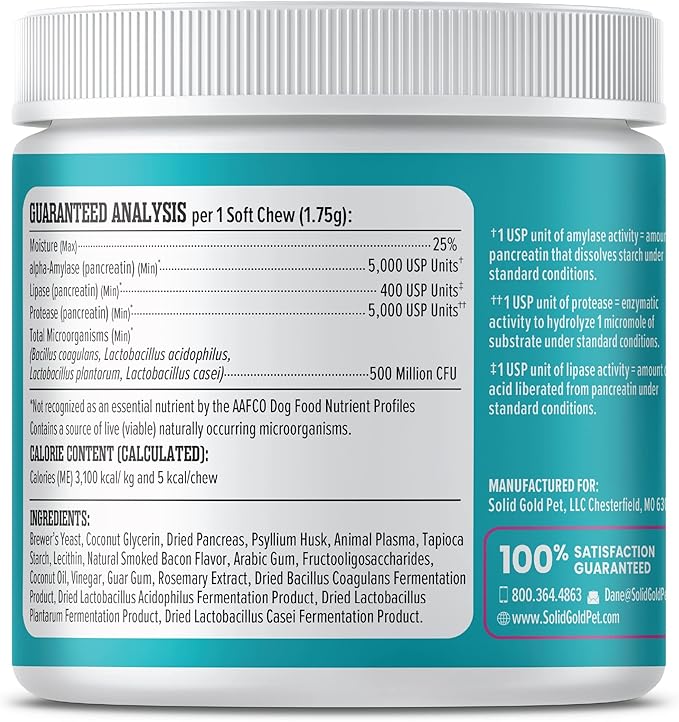 Solid Gold Dog Probiotic Chews - Bacon Flavor Soft Chews for Dog Digestive Support - Mellow Belly Probiotic for Dogs with Fiber & Digestive Enzymes for Bowel Support & Gut Health - 120 Count