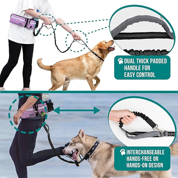 PetAmi Hands Free Dog Leash, Dog Running Leash Belt Bag for Walking, Jogging, Dog Waist Double Zipper Pouch with Poop Bag Dispenser, Dual Padded Handles Reflective Bungee Leash, Double