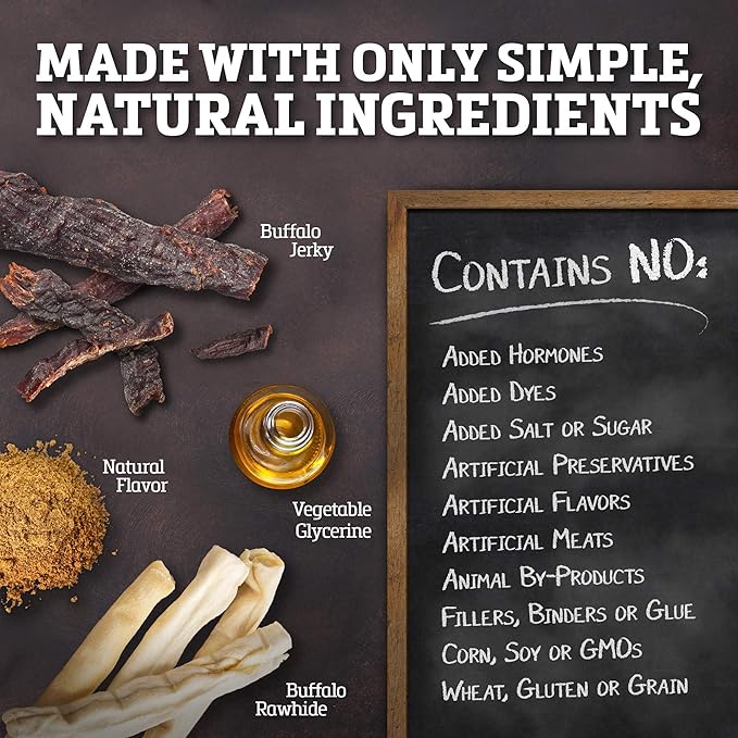 Rawhide Dog Treats | Healthy, Grass-Fed Buffalo Jerky Raw Hide Chews | Hickory Smoked Flavor | Jerky Twist, 16 Count