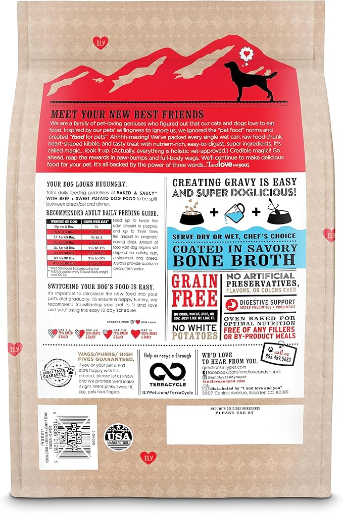 I AND LOVE AND YOU Baked and Saucy Dry Dog Food - Beef + Sweet Potato - Prebiotic + Probiotic, Real Meat, Grain Free, No Fillers, 10.25lb Bag