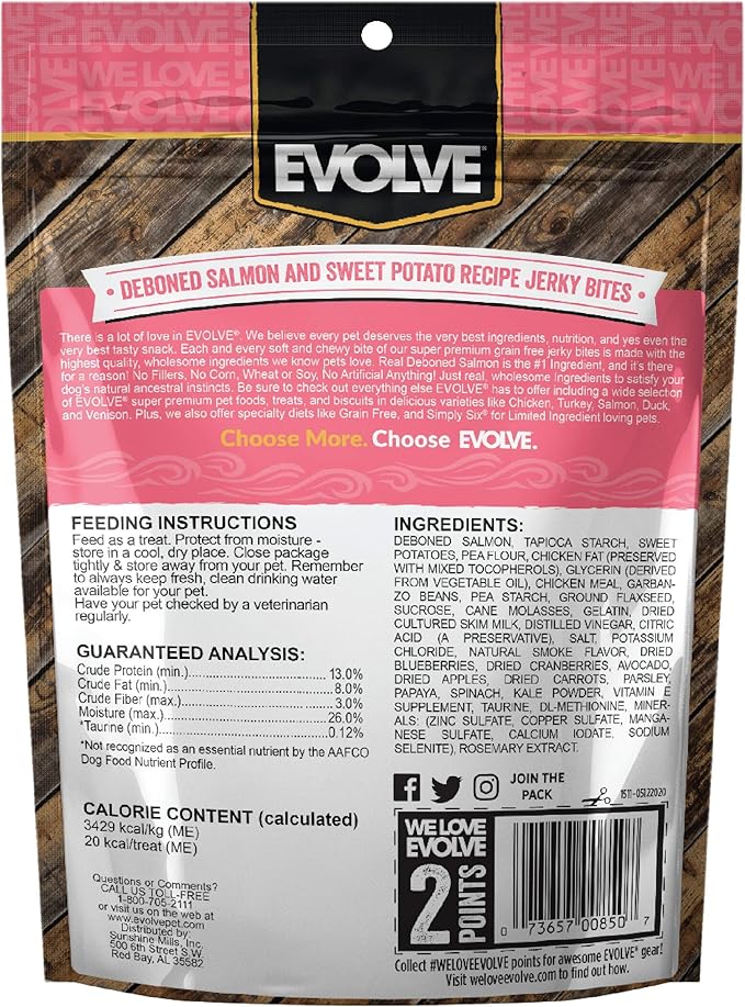 Evolve Grain Free Salmon and Sweet Potato Jerky Bites Dog Treats