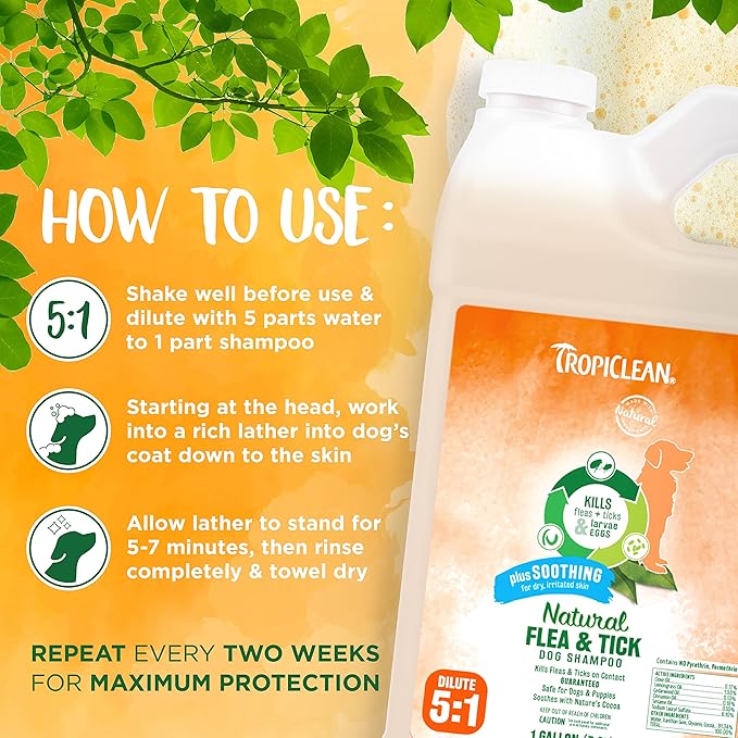 TropiClean Soothing Natural Flea and Tick Dog Shampoo | Natural Flea and Tick Prevention for Dogs | Made in the USA | 1 Gallon