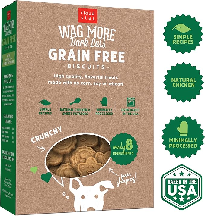 Cloud Star Wag More Bark Less - Dog Treats - Crunchy Biscuits - Grain Free Chicken & Sweet Potato - 14 oz Box (Pack of 2)