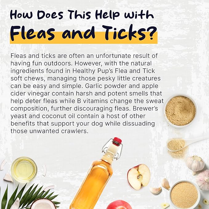 Flea and Tick Prevention for Dogs, Chewable – 90 Peanut Butter Flavored Soft Chews – Made with B Vitamins, Garlic Powder, Brewers Yeast, Coconut Oil, and Apple Cider Vinegar