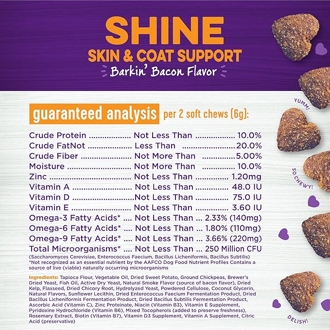 Wellness Barkin' Bacon Flavored Soft Chew Skin & Coat Supplements for Dogs, 90 Count