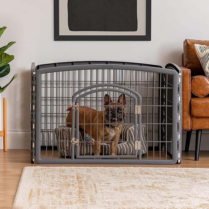 IRIS USA Dog Playpen, 4-Panel 24" Pet Playpen with Door, Puppy Playpen, Indoor/Outdoor Dog Pen, 35 x 35 x 24, Foldable, Customizable, Dark Gray