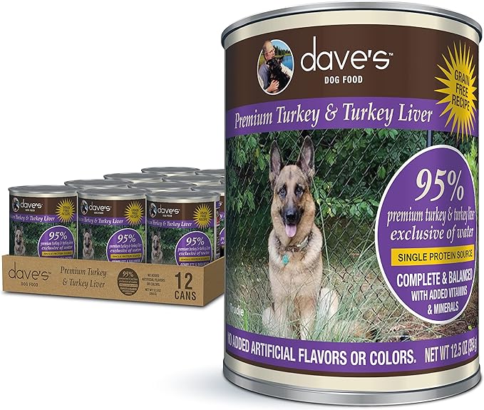 Dave's Pet Food Grain Free Wet Dog Food (95% Turkey & Turkey Liver), Made in USA Single-Source Protein, Limited Ingredients Added Vitamins & Minerals, 12.5 oz Cans (Case of 12)